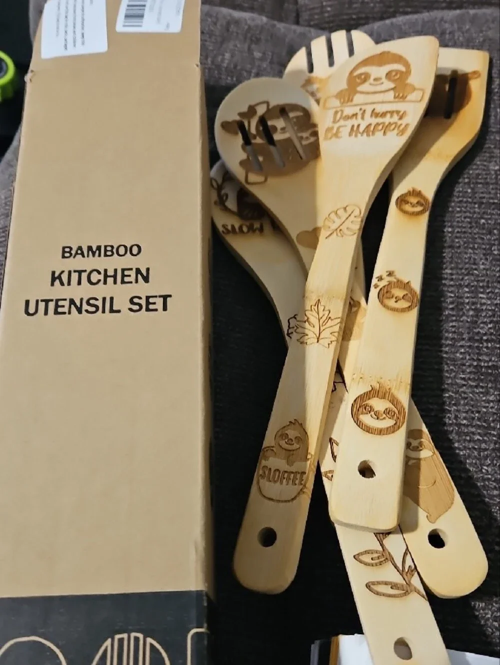 NWT Bamboo Sloth Engraved Kitchen Utensil Set - Natural Bamboo. 5 Piece Set